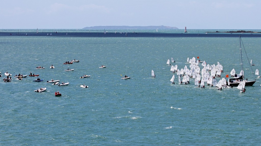 The substantial coach boat fleet watching a start - 2013 Auckland Optimist Championships, Wakatere Boating Club © Richard Gladwell www.photosport.co.nz